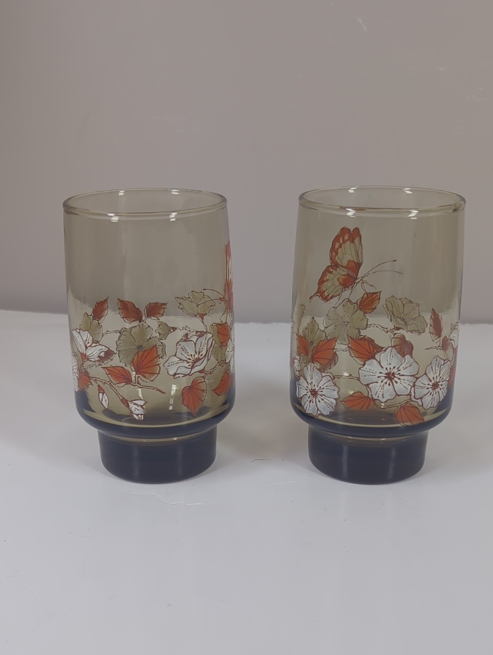 Set of 2 Floral Vintage-Style Amber Glass Tumbler Cups Libbey Betterfly